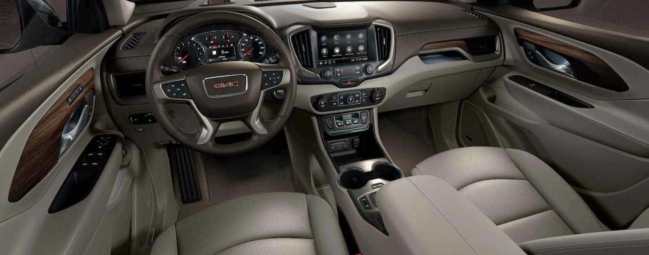 The tan interior of a 2021 GMC Terrain is shown.