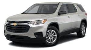 A silver 2021 Chevy Traverse is angled left.
