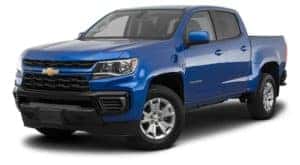 A blue 2021 Chevy Colorado is angled left.