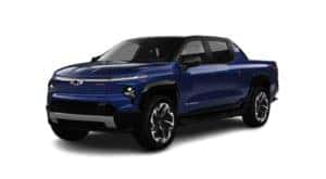 A blue 2022 Chevy Silverado EV is shown facing left.