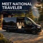 National Traveler Luxury Sprinter Van Parked with Forest and Mountains in the Background