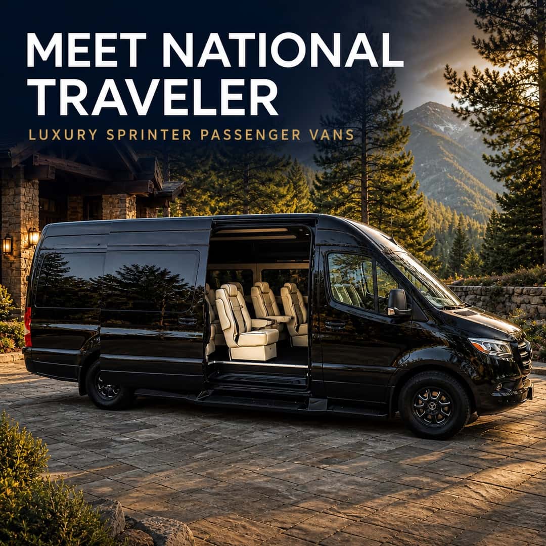 National Traveler Luxury Sprinter Van Parked with Forest and Mountains in the Background