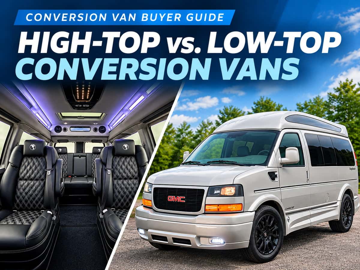 High-Top vs. Low-Top Conversion Vans Silver GMC high-top conversion van exterior and luxury passenger interior illustrating roof height and interior space.