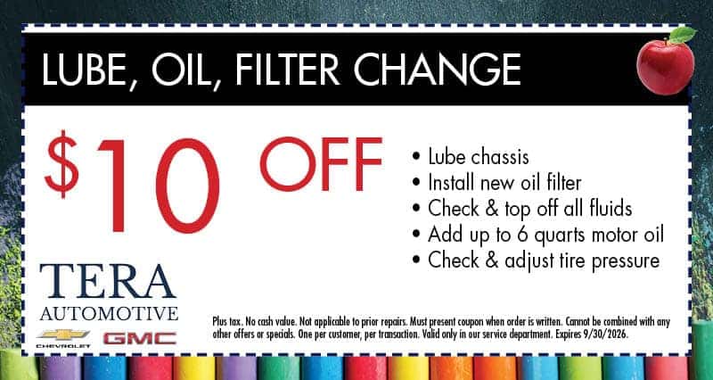 $10 Off Lube, Oil, Filter Change - Lube chasis, install new oil filter, check and top off all fluids, add up to 6 quarts motor oil, and check and adjust tire pressure