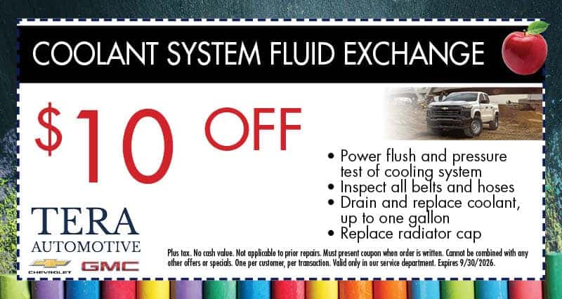 $10 Off Coolant System Fluid Exchange - Power flush and pressure test of cooling system, inspect all belts and hoses, drain and replace coolant up to one gallon, and replace radiator cap