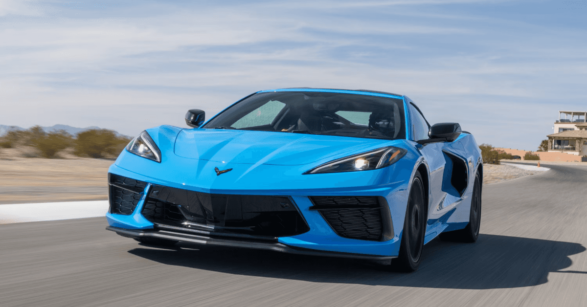 A blue Chevy Corvette on the road