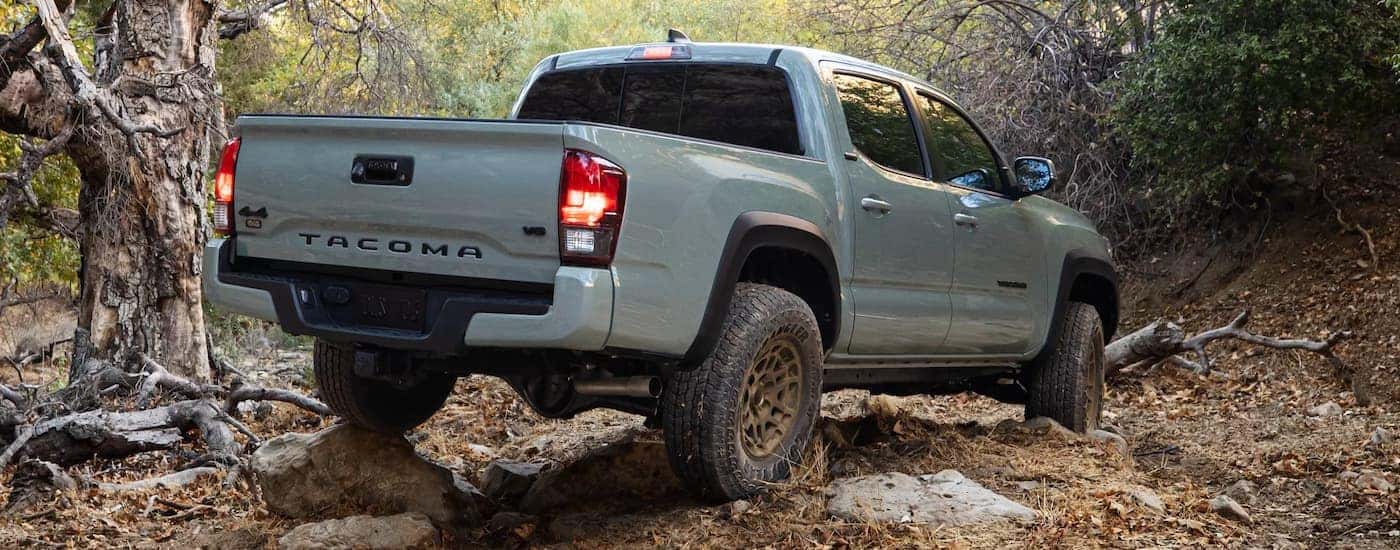 A grey 2022 Toyota Tacoma driving over rocks and roots off-road