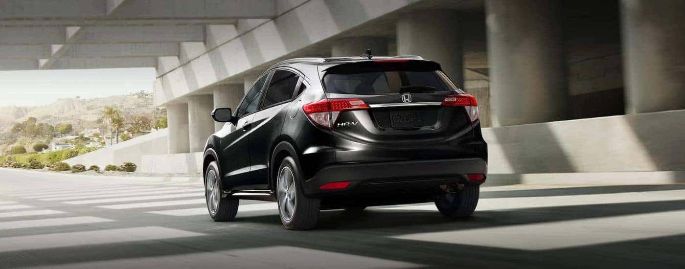 Rear view of a black 2021 Honda HR-V.