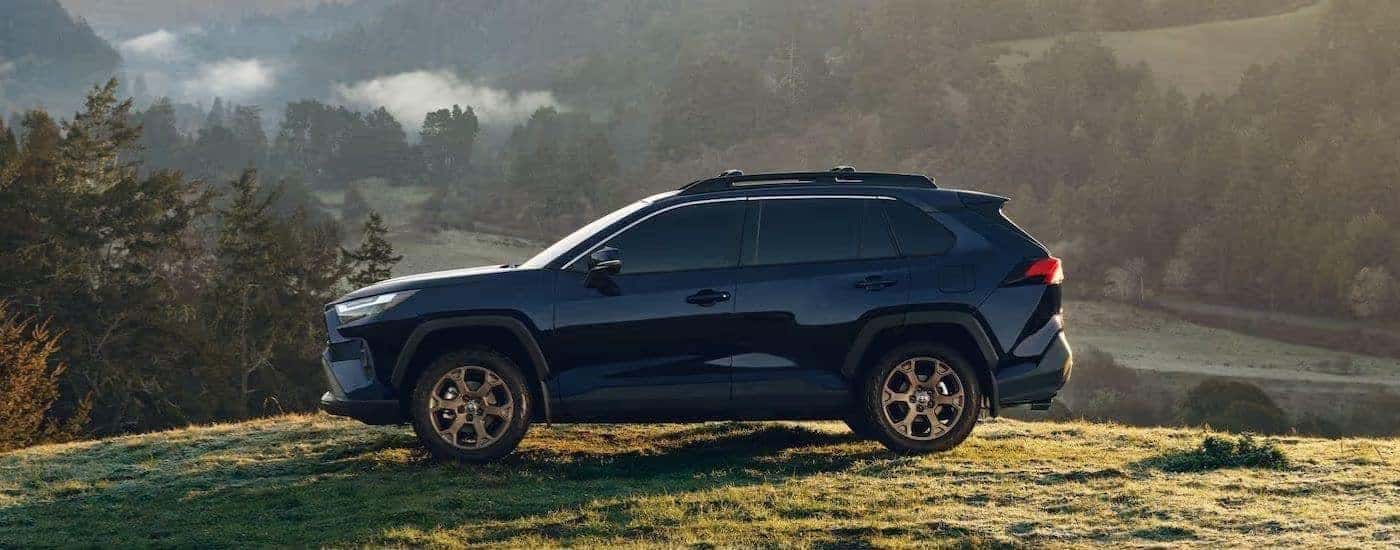 A blue 2023 Toyota RAV4 Wilderness is shown from the side.