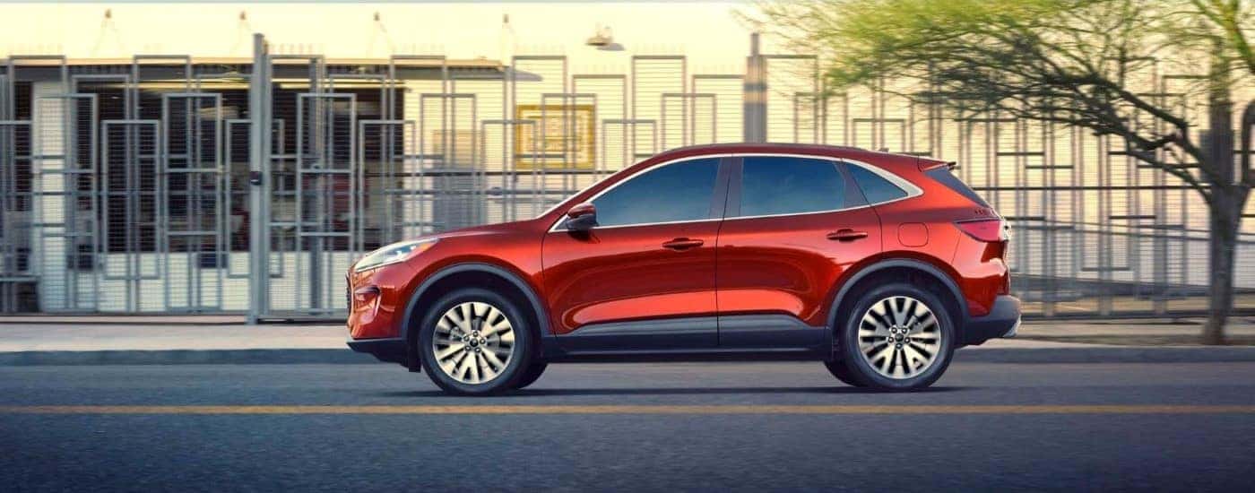Red 2020 Ford Escape driving down a city street.