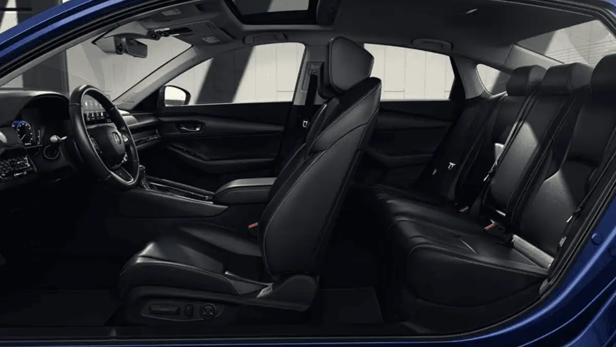 2026 Honda Accord near Smithtown, NY, interior side view showing front and rear seating with black leather upholstery and legroom
