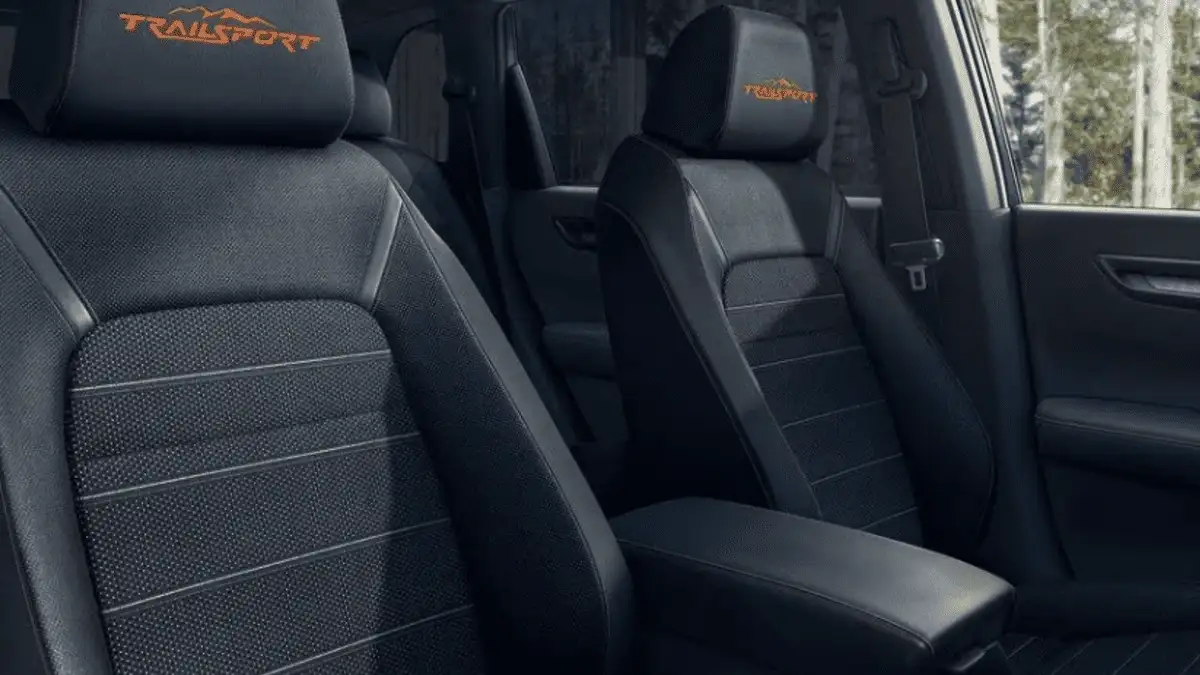 2026 Honda CR-V near Smithtown, NY, TrailSport front seats with embroidered headrests, textured upholstery, and center armrest