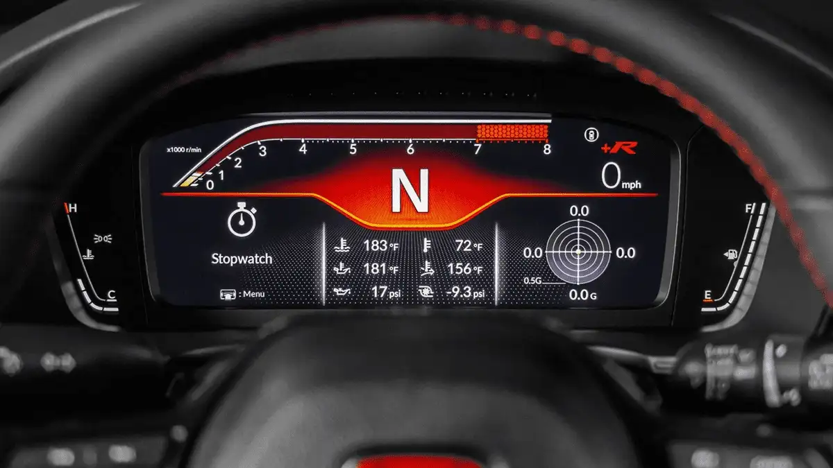 2025 Honda Civic Type R near Smithtown, NY digital gauge cluster showing performance display, tachometer, and track-style readouts