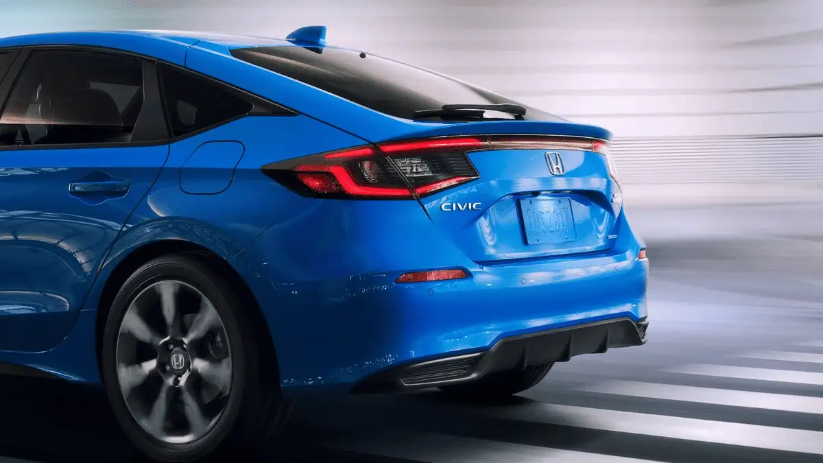 2026 Honda Civic Hatchback Hybrid near Smithtown, NY close rear view showing Civic badging, taillights, and sporty hatch design