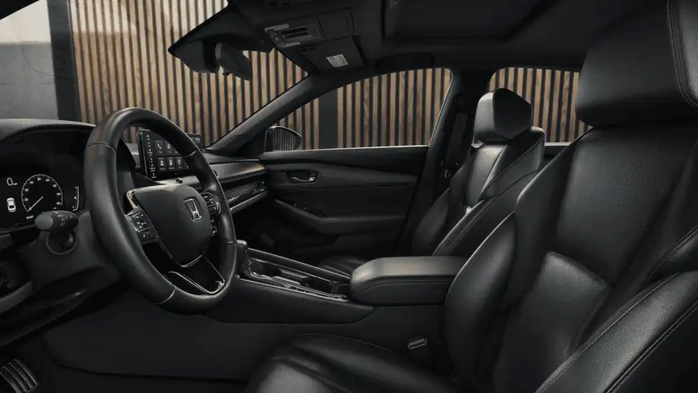 2026 Honda Accord black leather interior with Honda steering wheel and front seats near Commack NY