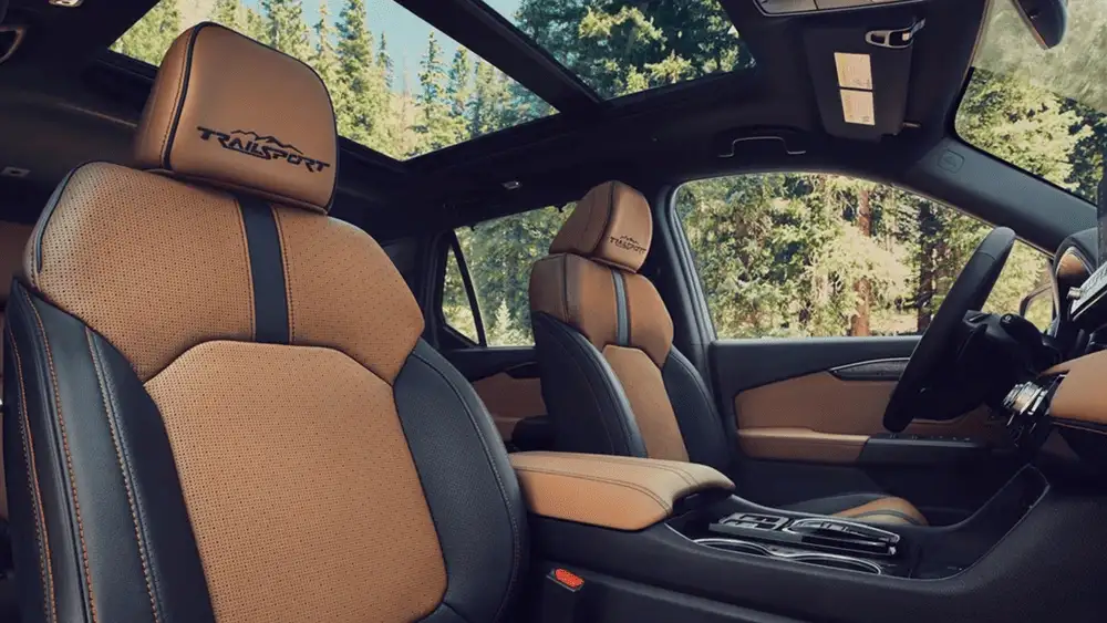 2026 Honda Passport TrailSport tan and black leather front seats with panoramic moonroof near Commack NY