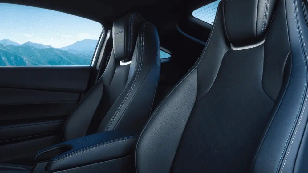 2026 Honda Prelude Hybrid black perforated leather sport front seats with Prelude badge and mountain view backdrop