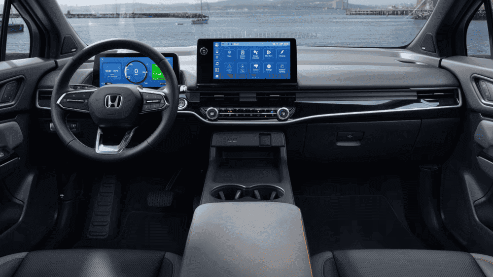 2026 Honda Prologue rear passenger seats in black leather with open door and orange accent trim near Hauppauge NY