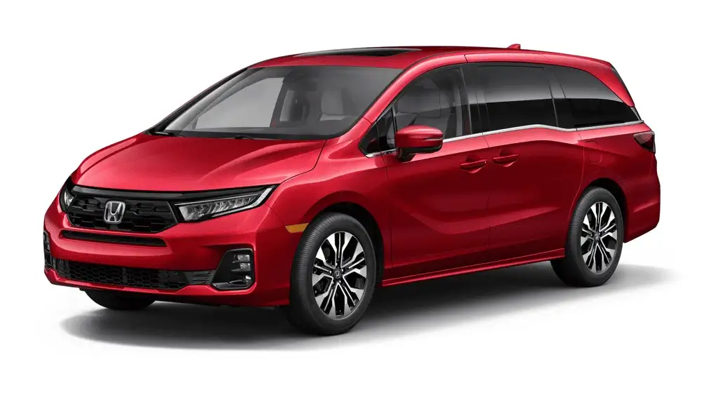 Red 2026 Honda Odyssey near Hauppauge, NY, shown against a white background.
