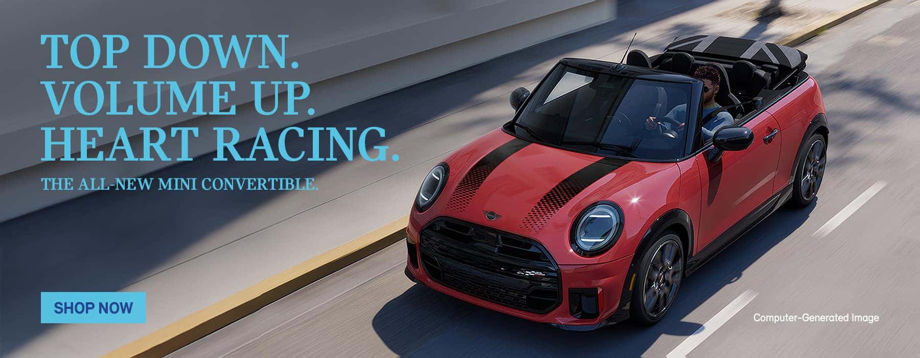 Red MINI Cooper S Convertible driving with a dropped top.
