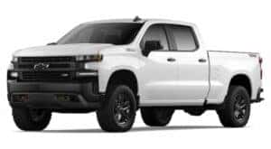 A white 2021 Chevy Silverado 1500 Z71 Trailboss is angled left.
