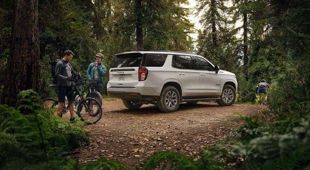 A white 2022 Chevy Tahoe Z71 is shown from a rear angle parked by a bike trail.