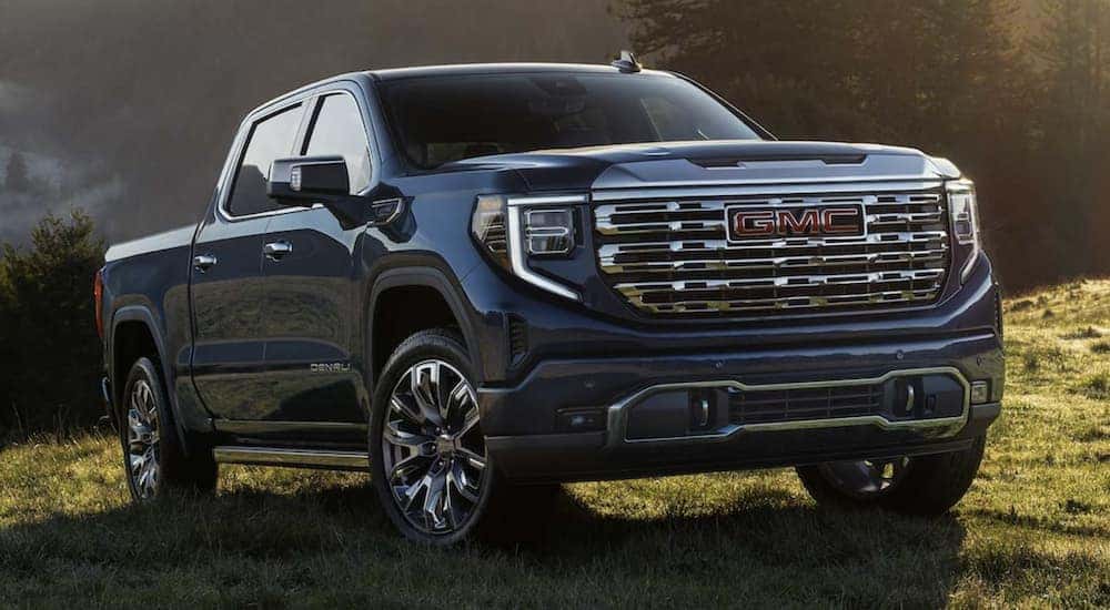 A blue 2023 GMC Sierra 1500 Denali parked on a grassy hill