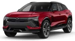 A red 2024 Chevy Blazer EV is shown angled left.