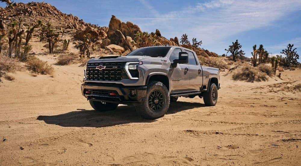 A gray 2024 Chevy Silverado 1500 HD ZR2 is shown parked off-road.