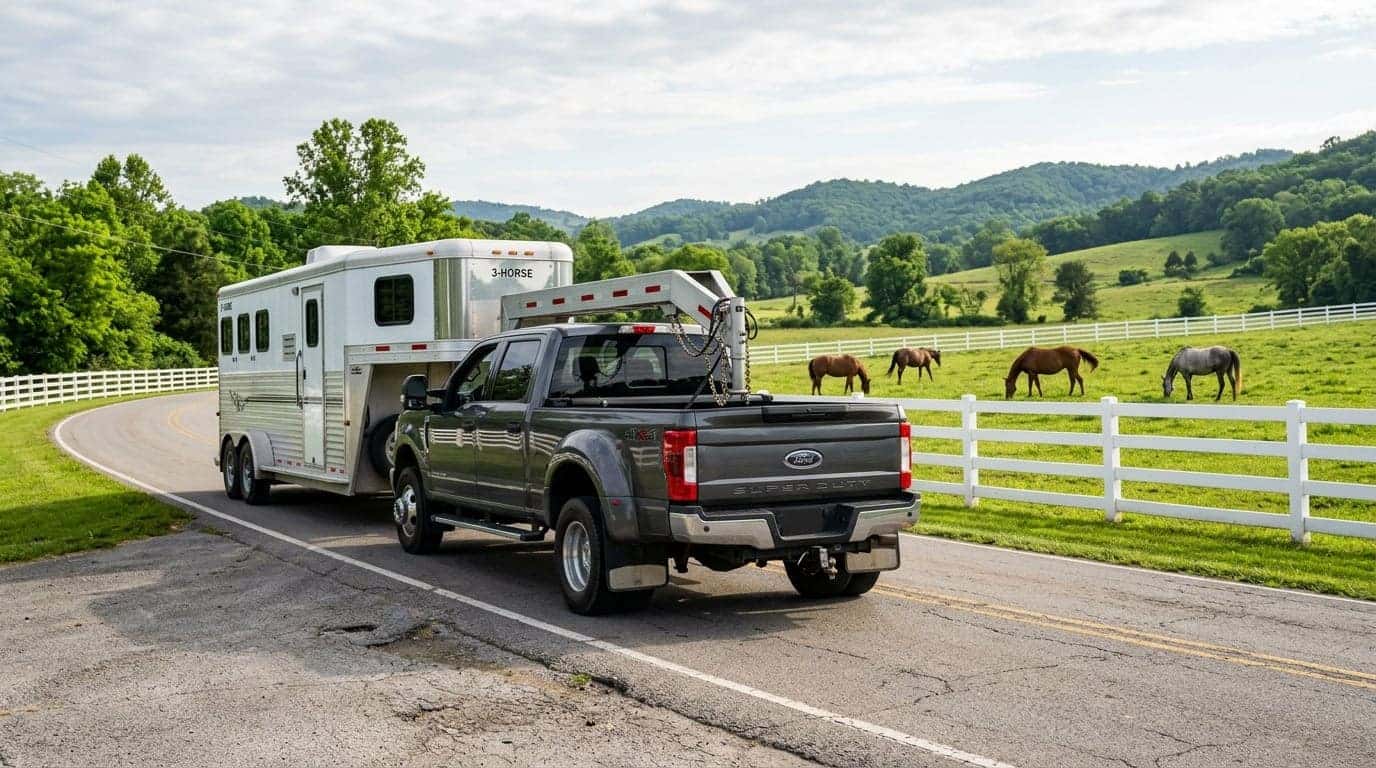 A realistic wide photograph of a heavy-duty crew-cab pickup truck hitched to a three-horse gooseneck trailer on a rural Tennessee two-lane road, morning light, white board fencing and a green pasture with grazing horses along the roadside, gooseneck hitch and trailer coupling visible in clear detail, low rolling hills behind, documentary photographic style. No text, no logos other than natural vehicle badging, no identifiable faces. (Representative image for illustration purposes only. Actual vehicle may vary based on trim and configuration.)