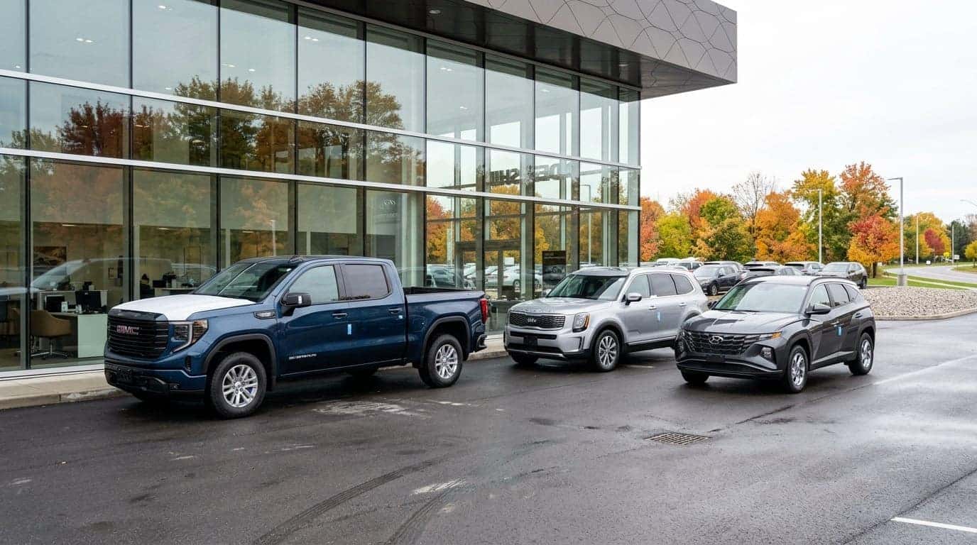 A realistic wide photograph of freshly delivered new vehicles arriving at a dealership, a full-size pickup and two crossover SUVs staged on clean pavement in front of a modern glass showroom facade, protective transit film still on a hood edge, bright overcast daylight, autumn trees reflected in the glass, crisp commercial automotive photography. No text, no signage lettering, no logos other than natural vehicle badging, no identifiable faces. (Representative image for illustration purposes only. Actual vehicle may vary based on trim and configuration.)