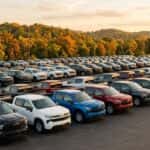 A realistic wide photograph of a dealership lot at golden hour in autumn, rows of new Chevrolet pickup trucks and SUVs parked in neat diagonal lines on clean asphalt, a few window-sticker-free outgoing-model-year units in the foreground, rolling Middle Tennessee treeline with early fall color in the background, soft warm late-afternoon light, natural depth of field. No text, no signage lettering, no logos other than natural vehicle badging, no identifiable faces. (Representative image for illustration purposes only. Actual vehicle may vary based on trim and configuration.)
