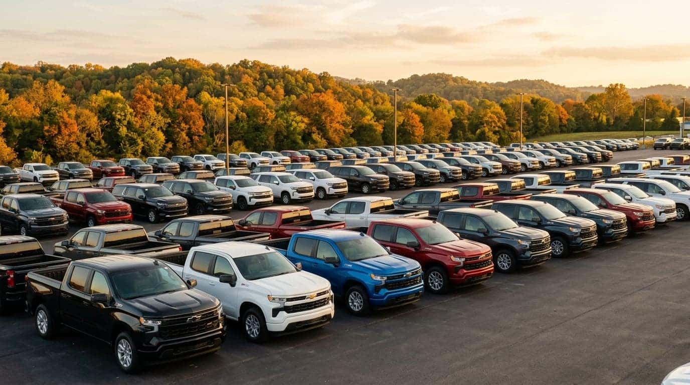 A realistic wide photograph of a dealership lot at golden hour in autumn, rows of new Chevrolet pickup trucks and SUVs parked in neat diagonal lines on clean asphalt, a few window-sticker-free outgoing-model-year units in the foreground, rolling Middle Tennessee treeline with early fall color in the background, soft warm late-afternoon light, natural depth of field. No text, no signage lettering, no logos other than natural vehicle badging, no identifiable faces. (Representative image for illustration purposes only. Actual vehicle may vary based on trim and configuration.)