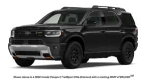 A black 2026 Honda Passport TrailSport Elite Blackout is angled left.
