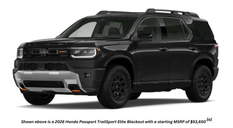 A black 2026 Honda Passport TrailSport Elite Blackout is angled left.