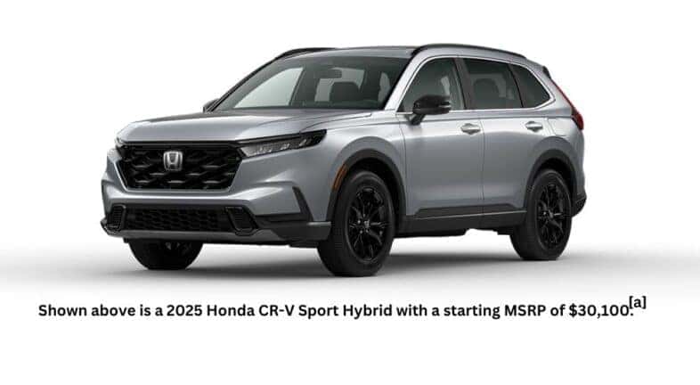 A silver 2025 Honda CR-V Sport Hybrid is angled left.