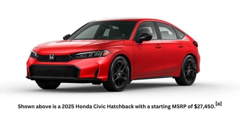 A red 2025 Honda Civic Hatchback is angled left.