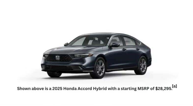A gray 2025 Honda Accord Hybrid is angled left.