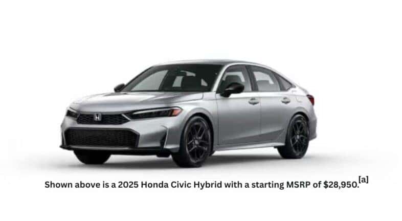 A silver 2025 Honda Civic Hybrid is angled left.