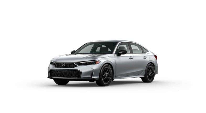 A silver 2025 Honda Civic Hybrid is angled left.