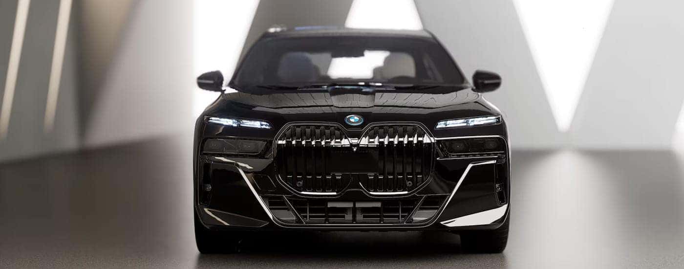 A front view of a black 2024 BMW i7.