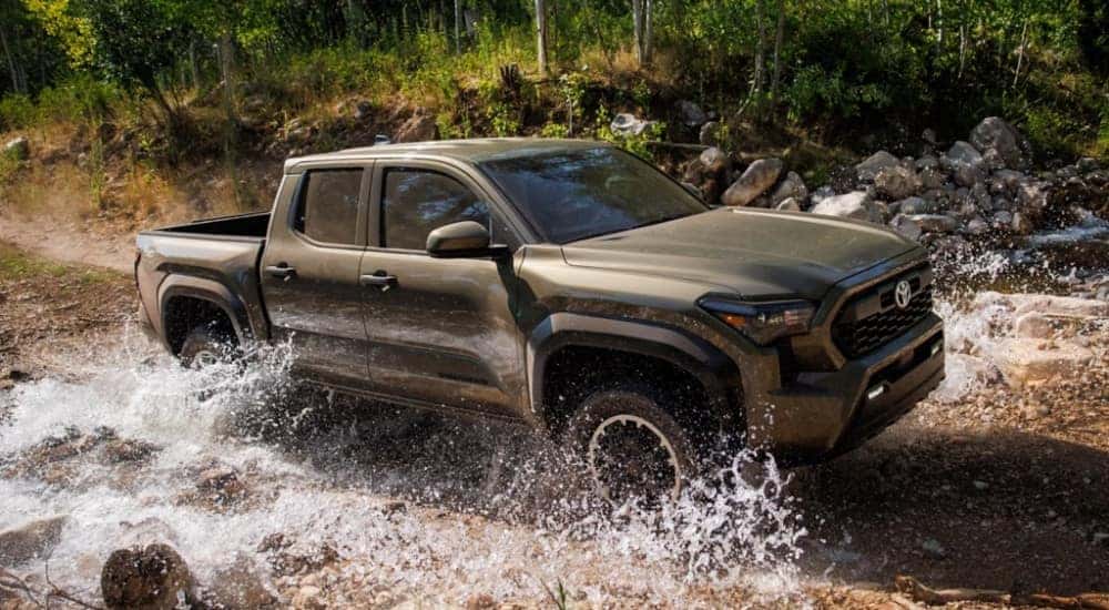 A bronze 2024 Toyota Tacoma from the side after leaving a dealer that has a lifted truck for sale.