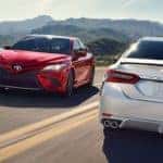 red and silver 2019 toyota models on road