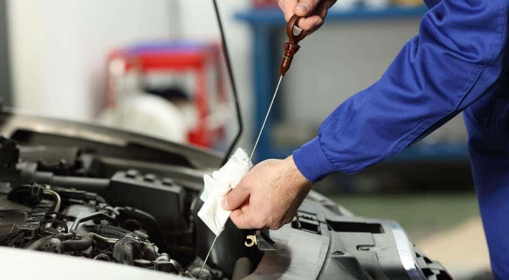 A mechanic is checking a dipstick during an oil change in Romeoville.