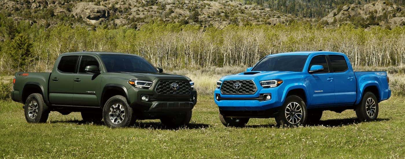A green and a blue 2021 Toyota Tacoma are parked on grass in front of a hill.