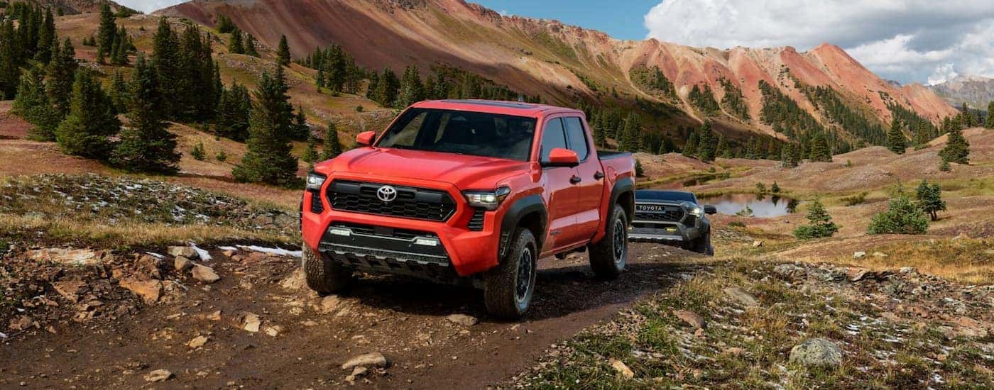 A red 2024 Toyota Tacoma TRD Off-Road is shown driving on a dirt path.