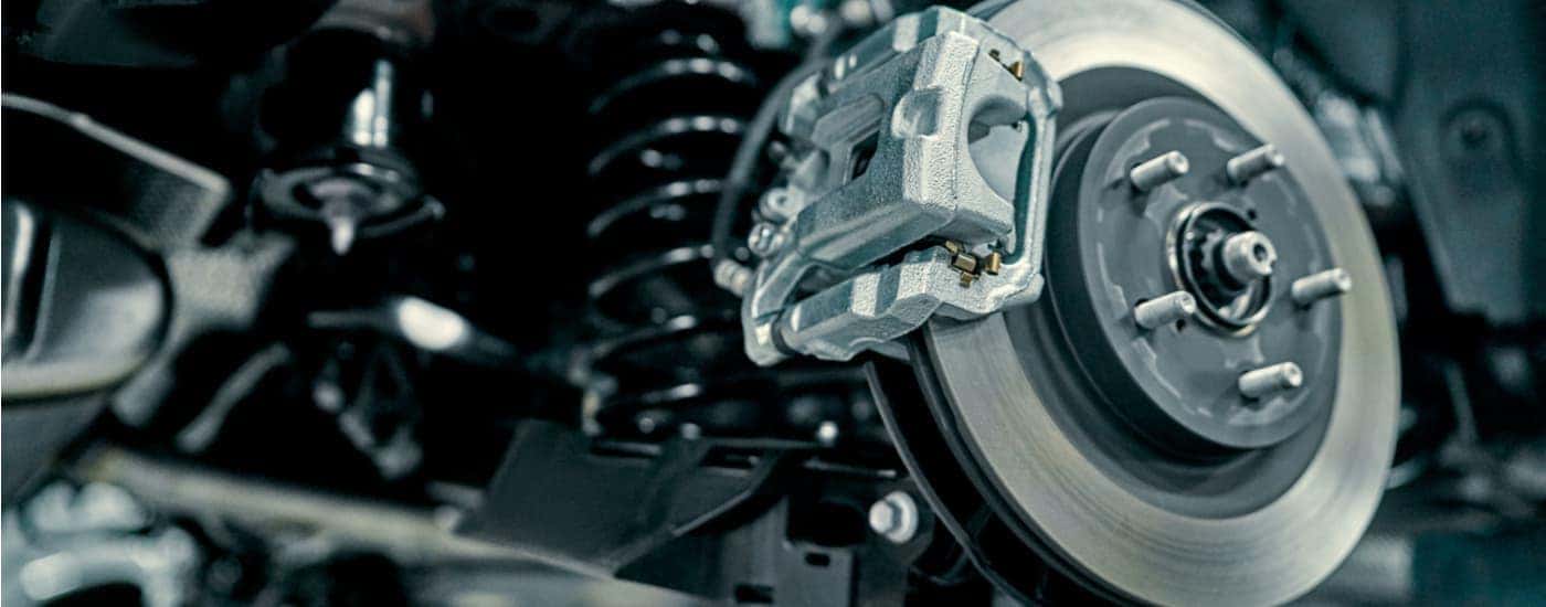 A close up of brakes are shown during a Toyota brake service.