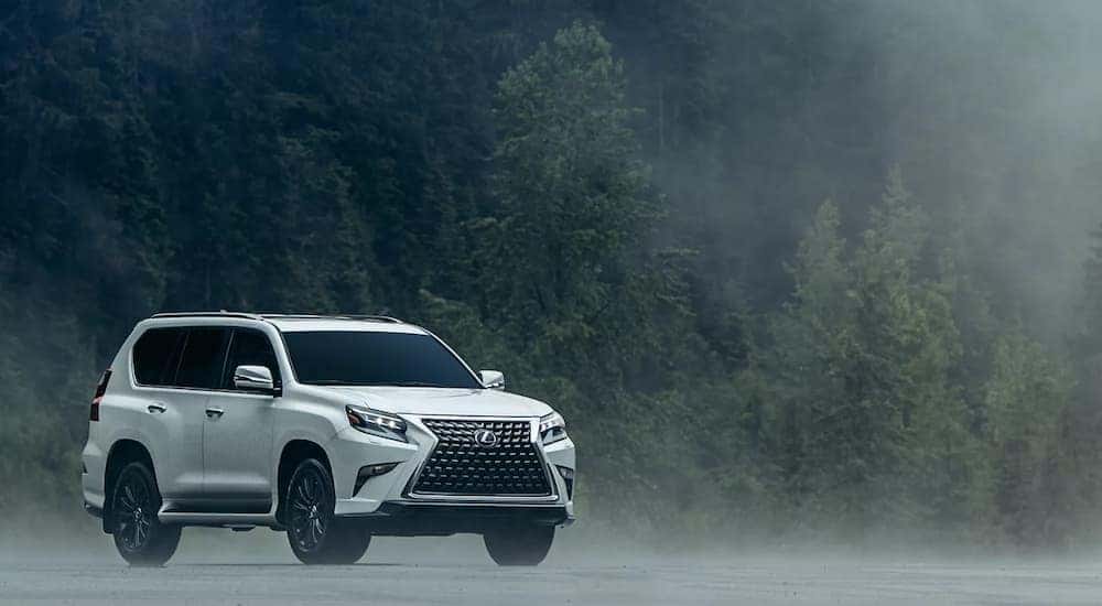 A white 2022 Lexus GX is shown parked by a foggy forest.