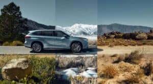 A silver 2022 Toyota Highlander Platinum is shown from the side driving on an open road.