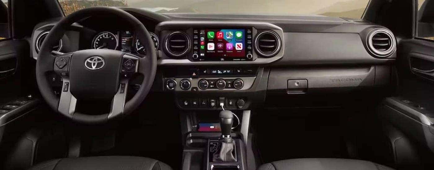 The interior of a 2022 Toyota Tacoma is shown from above the center console.